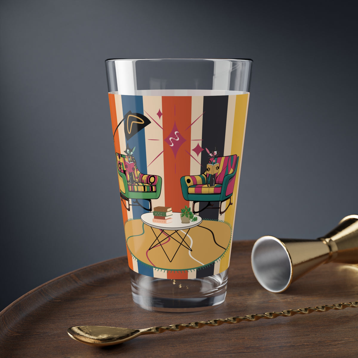 Atomic Kitschy Cats, Book Lover, Book Club Colorful Retro Glass - Vibrant Drinkware for Home Entertaining - Mid Century Modern Gal