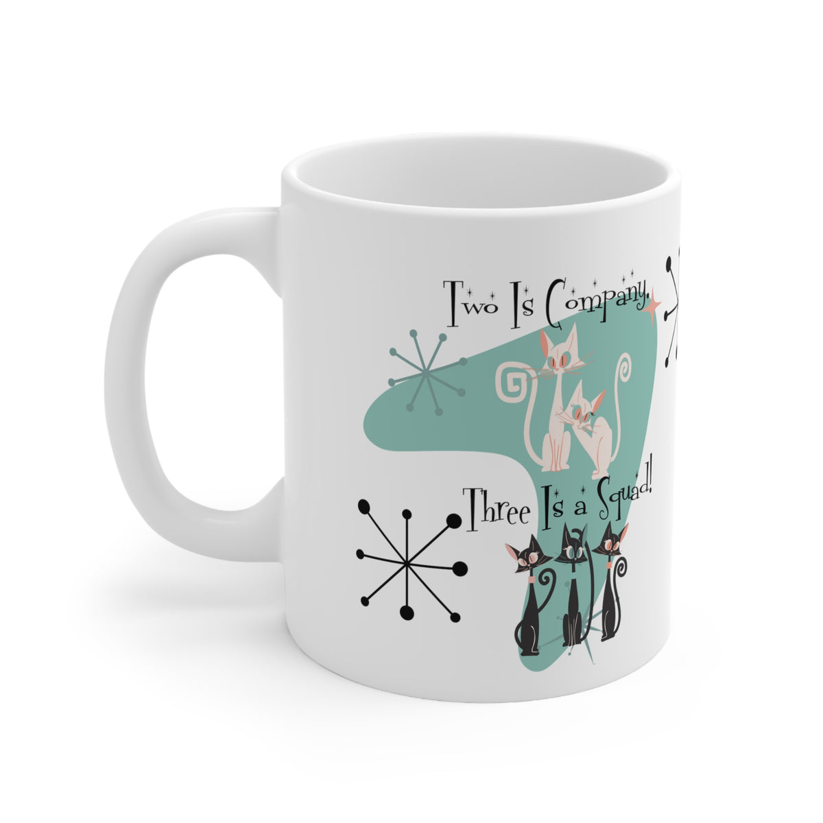 Three Is A Squad, Cat Mom, Best Friends Coffee Mug, Kitschy Cute Atomic Kitties Ceramic Mug 11oz - Mid Century Modern Gal