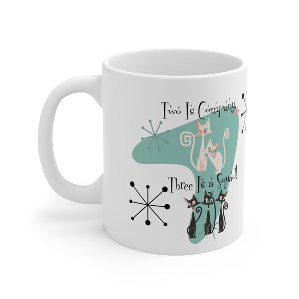 Three Is A Squad, Cat Mom, Best Friends Coffee Mug, Kitschy Cute Atomic Kitties Ceramic Mug 11oz