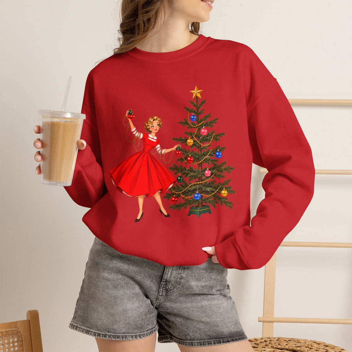 Mid Century Modern Gal Decorating Christmas Tree Unisex Heavy Blend™ Crewneck Sweatshirt - Mid Century Modern Gal