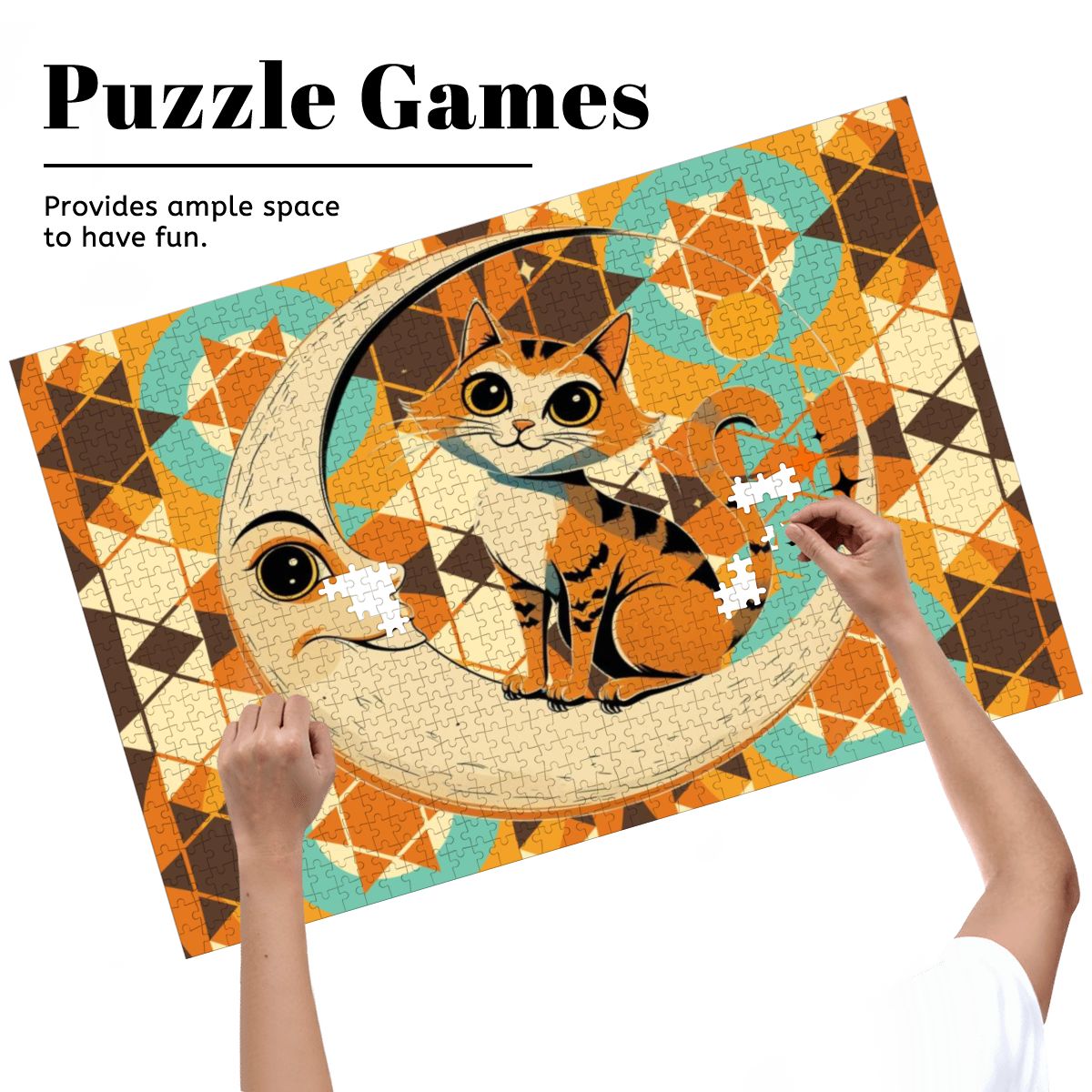 Harvest Half Moon, Kitschy Tabby CatWooden Jigsaw Puzzle - Mid Century Modern Gal