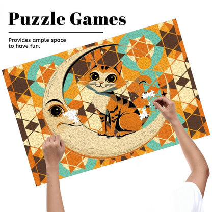 Harvest Half Moon, Kitschy Tabby CatWooden Jigsaw Puzzle - Mid Century Modern Gal