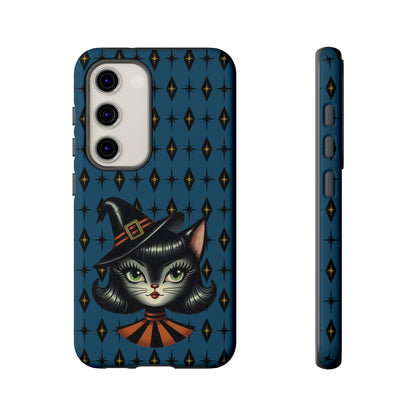 Vintage Halloween Black Cat Sexy Sexton Mid Century Modern Blue Tough Phone Case