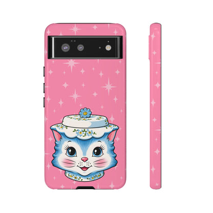 Mid Century Modern Kitschy Anthropomorphic Blue Cat with Floral Hat Tough Phone Case