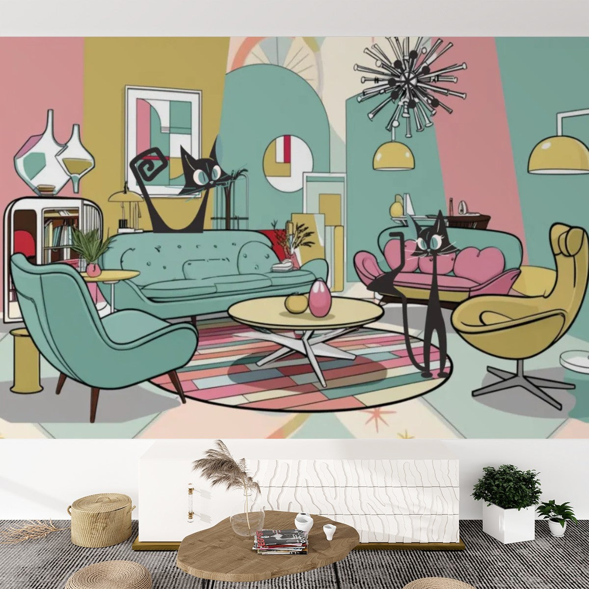 Mid Century Modern Peel And Stick Kitschy Mod Lounging Cats Canvas Self Adhesive Wallpaper - Mid Century Modern Gal