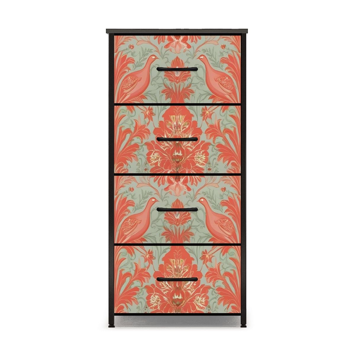 Chinoiserie Coral, Green Floral Botanicals Exotic Bird 4-Drawer Dresser - Mid Century Modern Gal