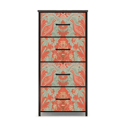 Chinoiserie Coral, Green Floral Botanicals Exotic Bird 4-Drawer Dresser - Mid Century Modern Gal