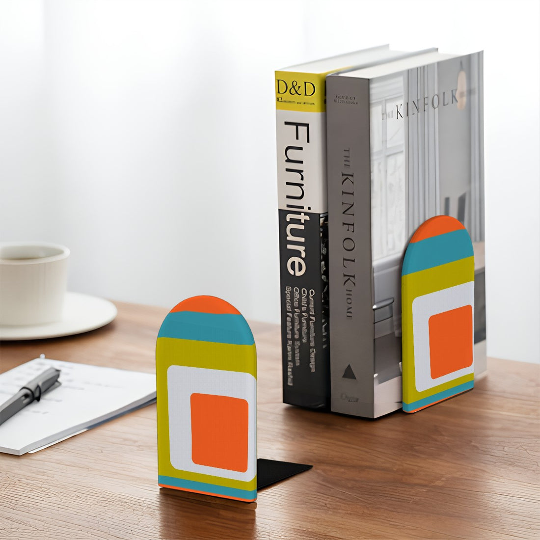 Mid Century Modern Office Decor, Groovy Mod Orange Green Blue Small Wooden Bookends 2 pcs - Mid Century Modern Gal