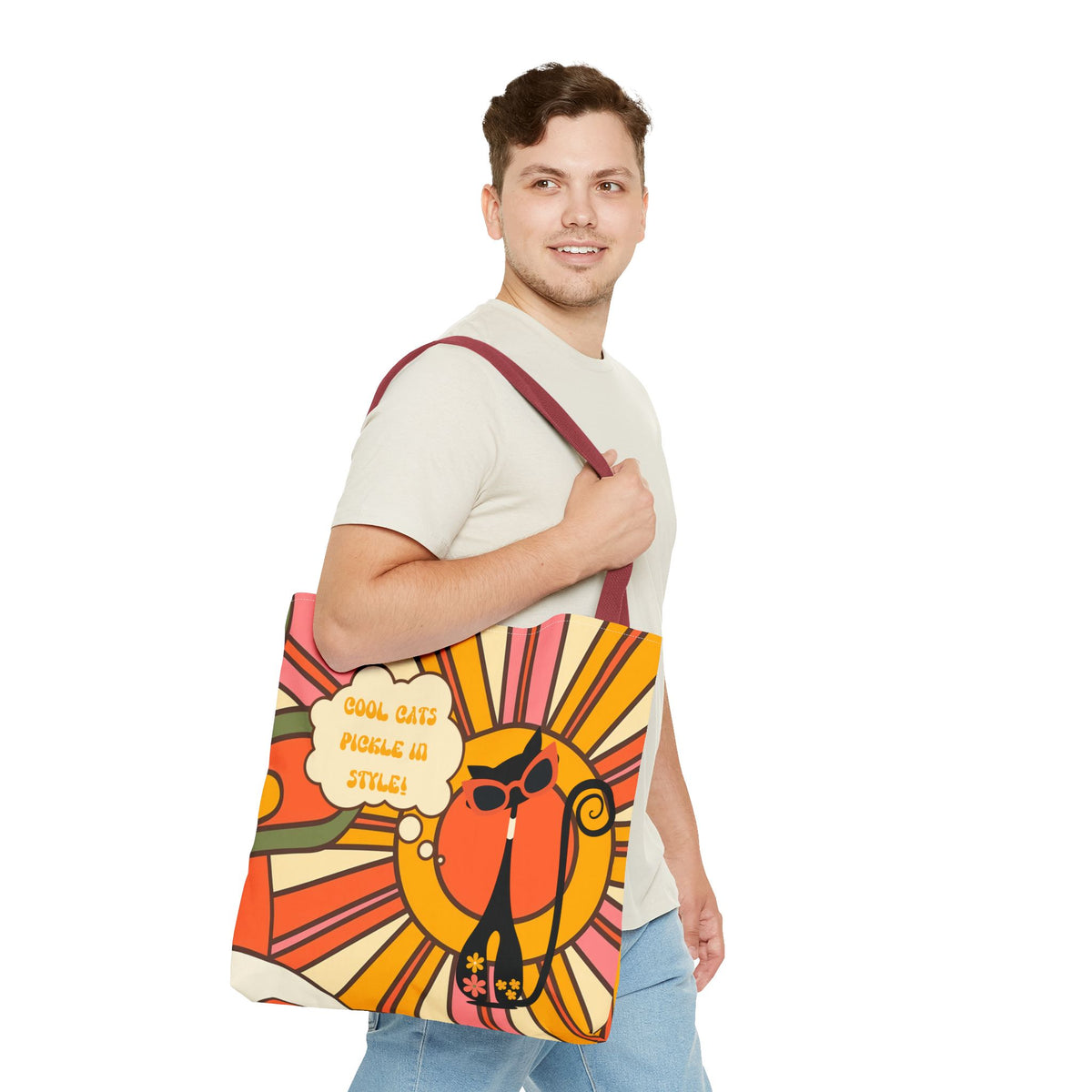 Retro tote bag featuring a groovy cat design with a pickleball theme, perfect for cat lovers and sports enthusiasts.
