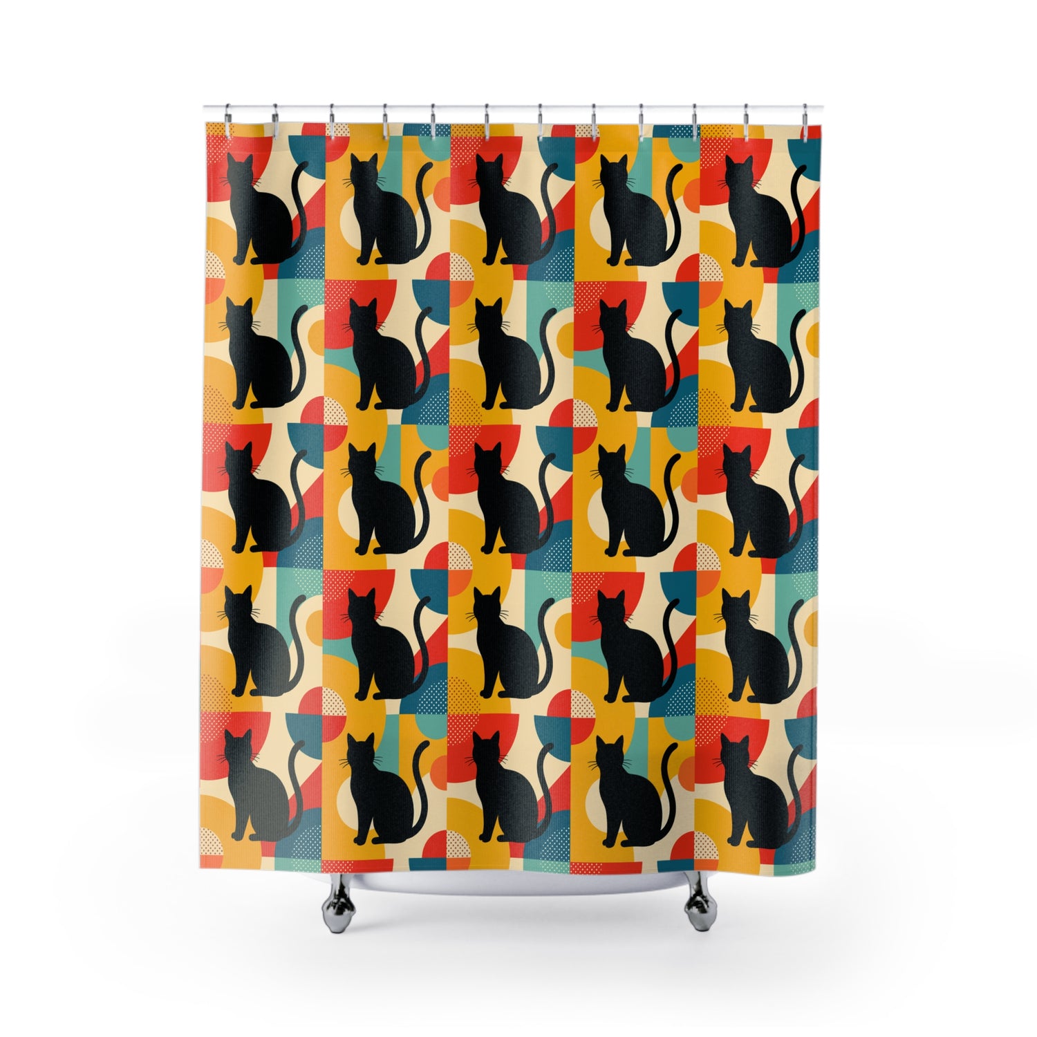Pop Art Black Atomic Cats, Red Yellow Blue, Shower Curtain - Mid Century Modern Gal