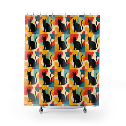 Pop Art Black Atomic Cats, Red Yellow Blue, Shower Curtain - Mid Century Modern Gal