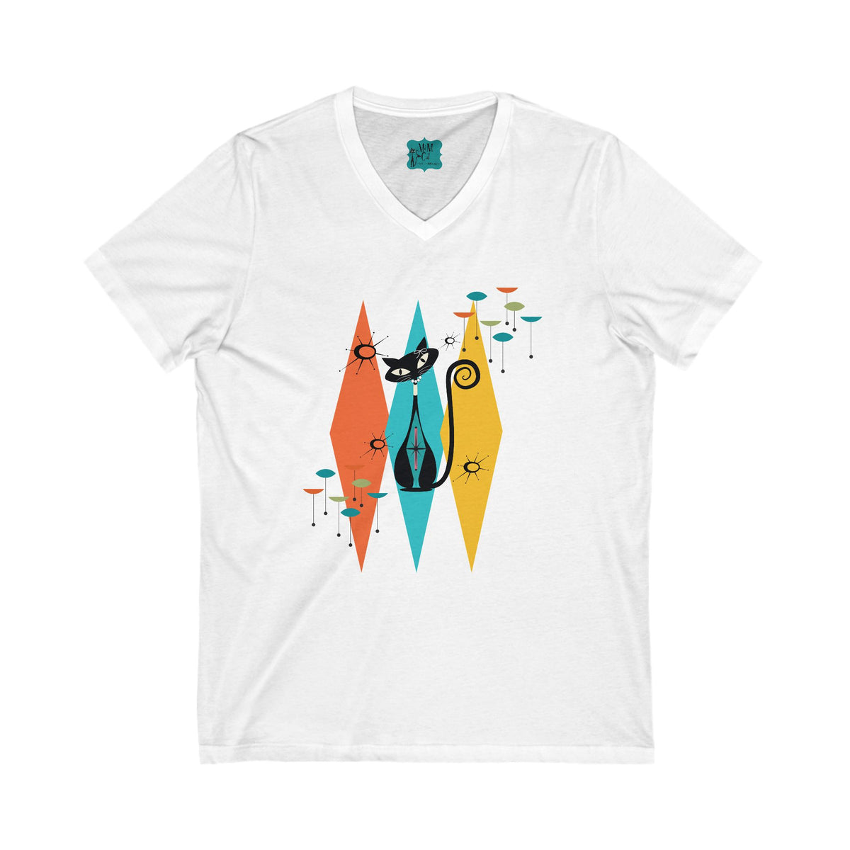 Atomic Cat, Mid Century Modern Whimsical V-Neck Tee For Women - Mid Century Modern Gal