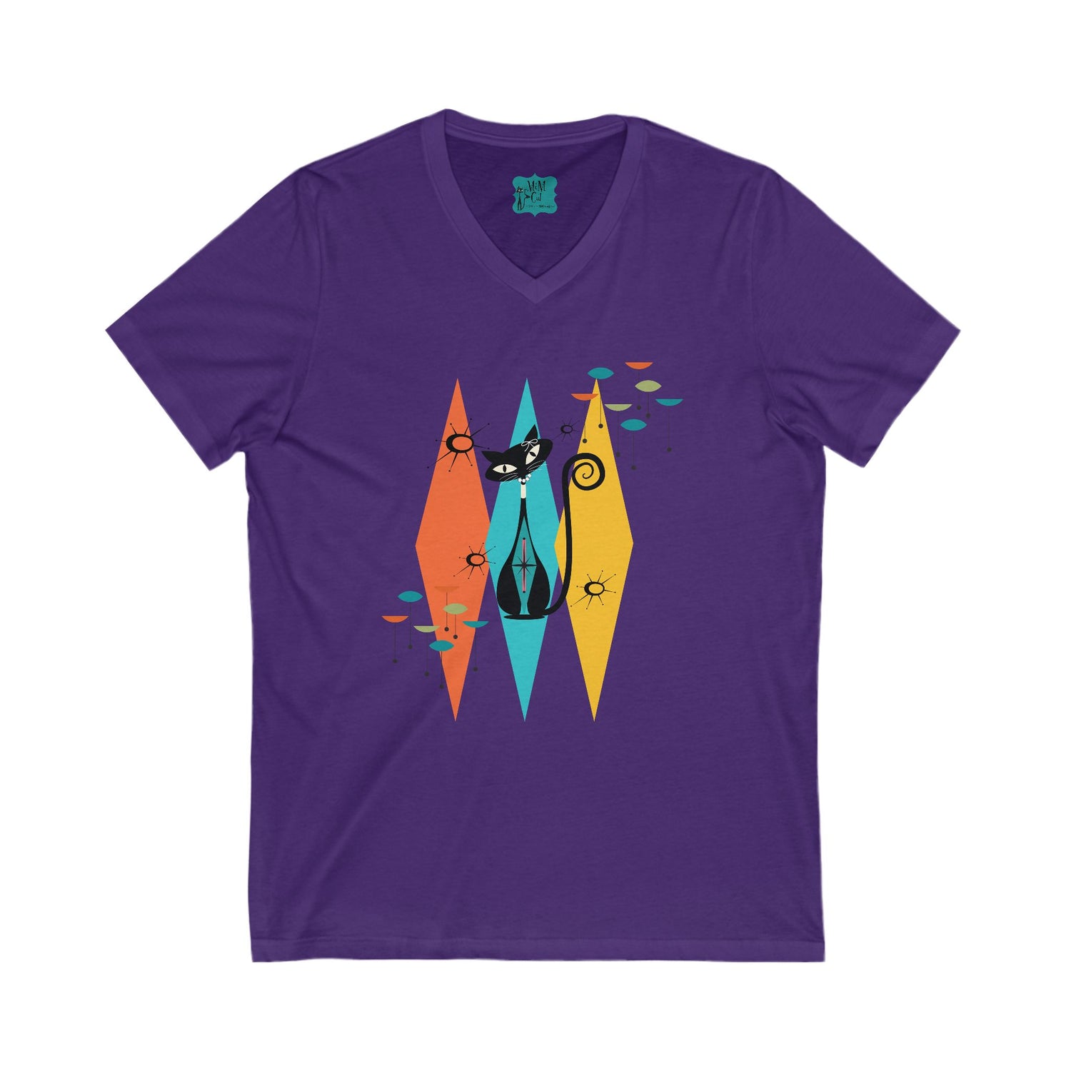 Atomic Cat, Mid Century Modern Whimsical V-Neck Tee For Women - Mid Century Modern Gal