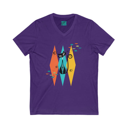 Atomic Cat, Mid Century Modern Whimsical V-Neck Tee For Women - Mid Century Modern Gal