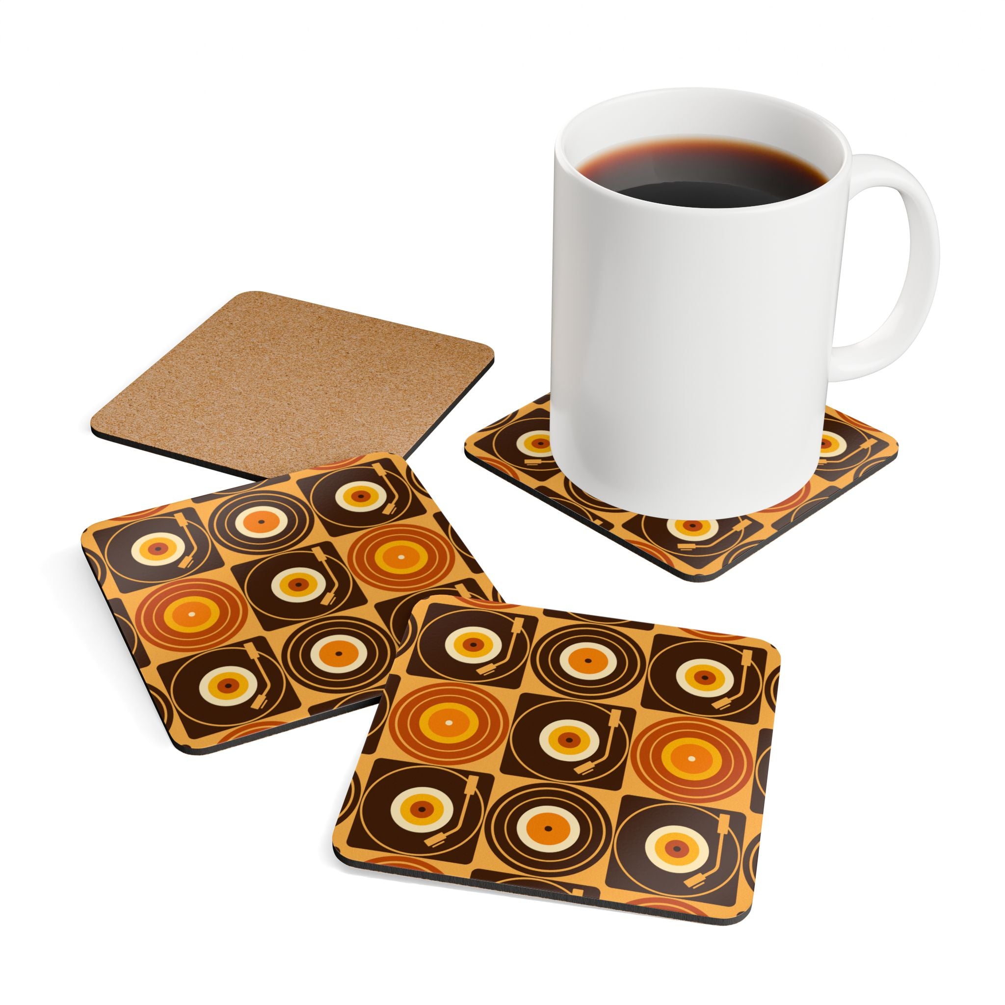 Groovy Retro Record Players, Brown Orange Yellow, Corkwood Coaster Set - Mid Century Modern Gal