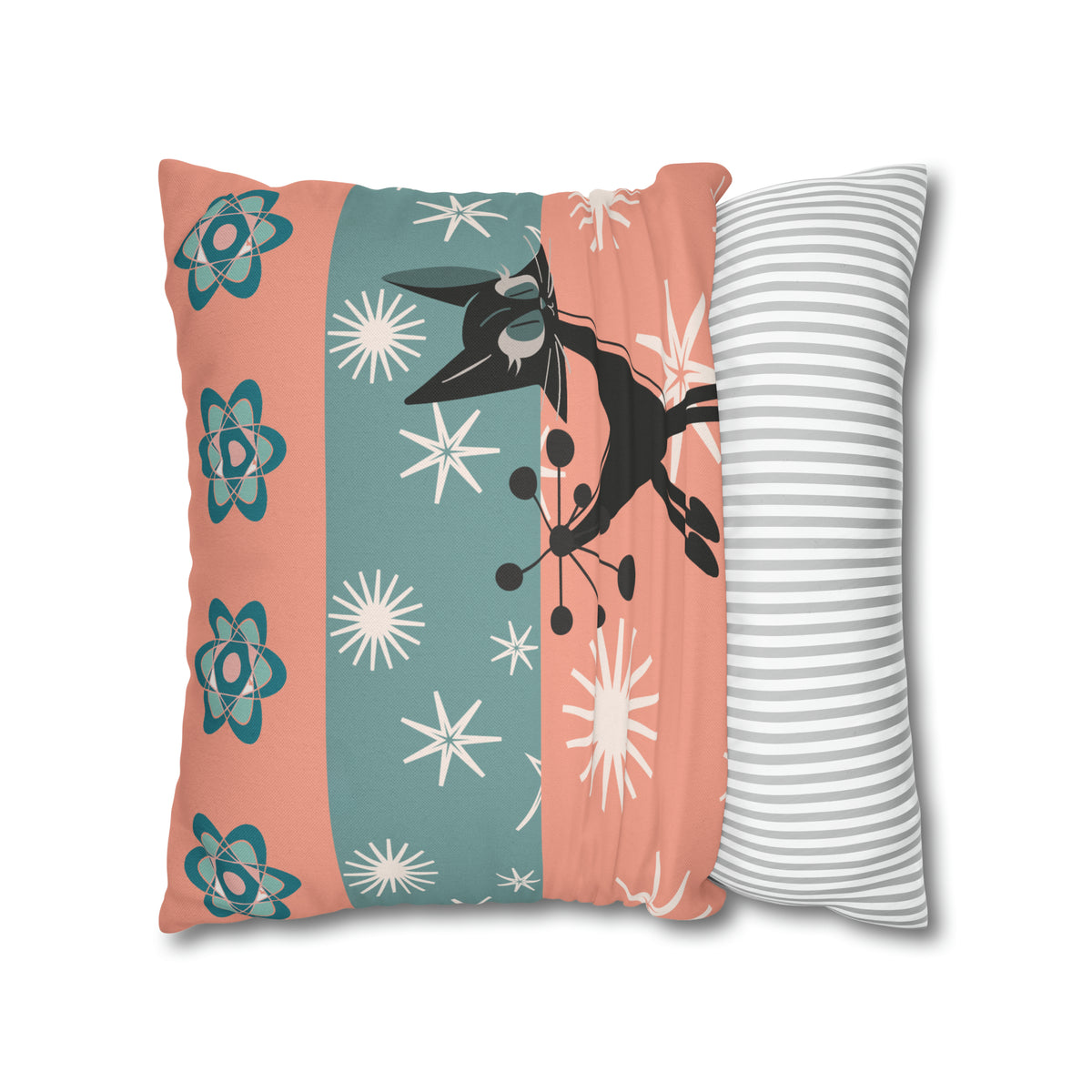 Atomic Kitschy Kittie, Black Cat Lover, Mid Century Modern Boomerang, Retro Coral, Teal, Starburst, 50s Pillow Case Cover - Mid Century Modern Gal