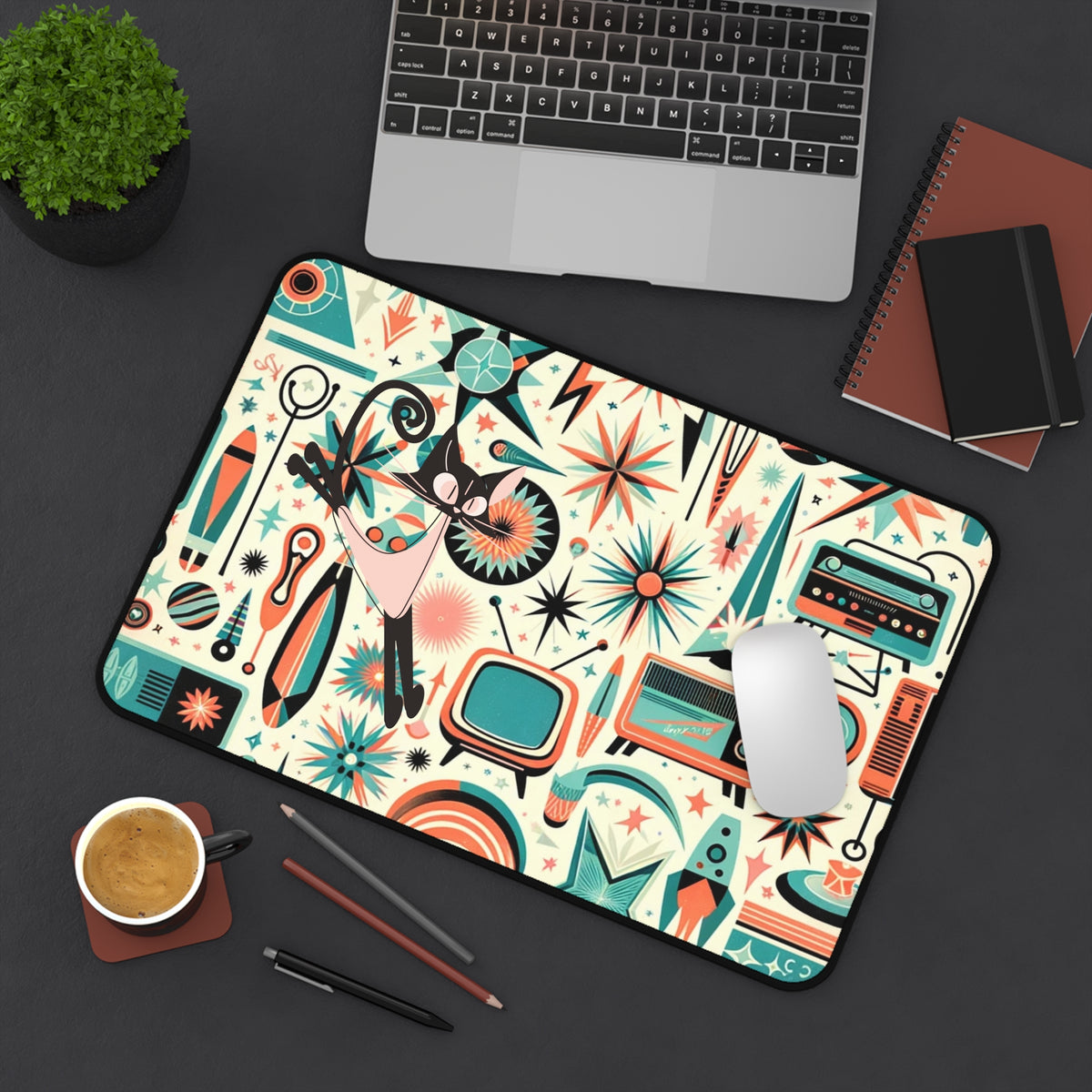 Atomic Space Cat Mid Century Modern  Aqua Coral, Kitschy Desk Mat - Mid Century Modern Gal