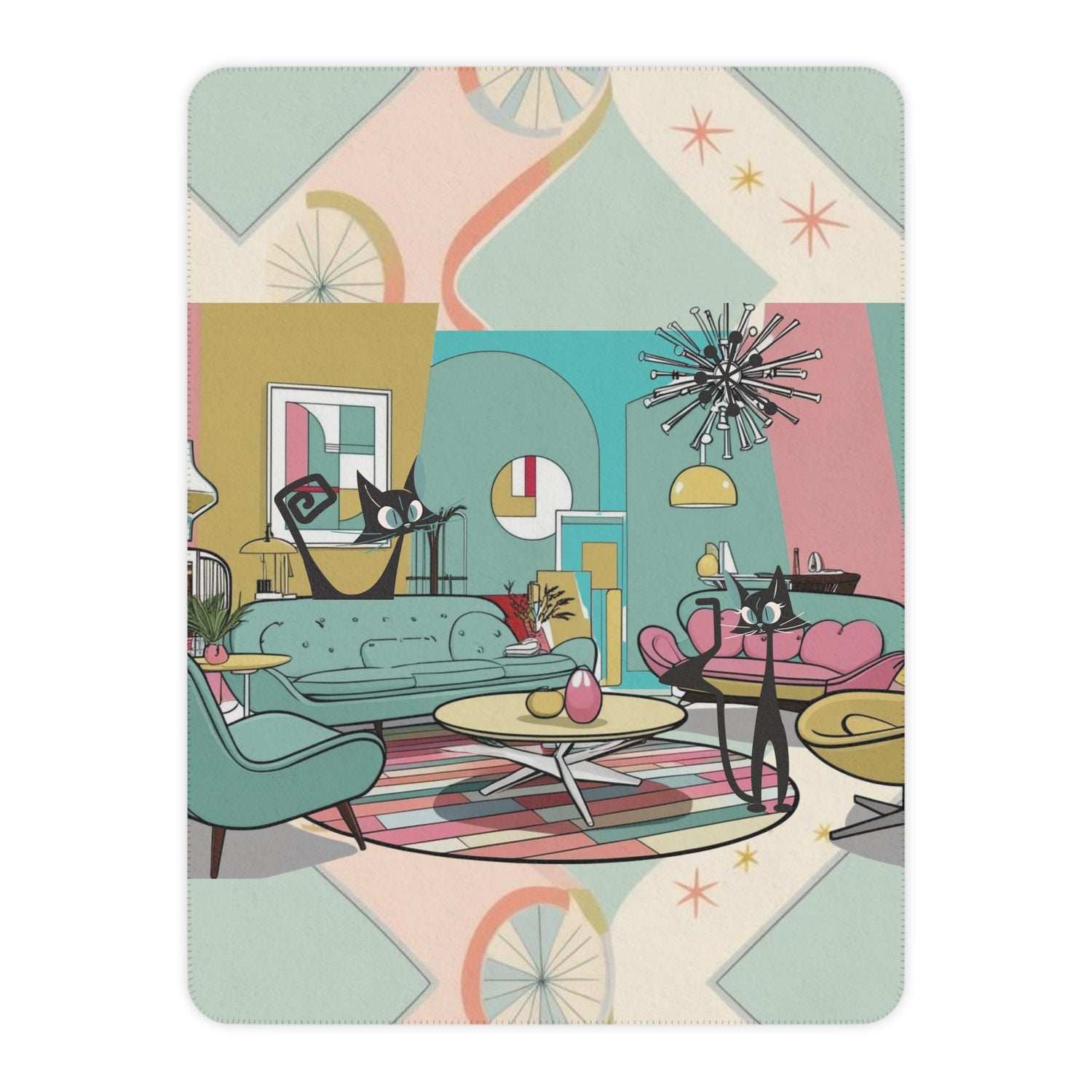 Atomic Cats, Lounging Cozy Cat Mid Century Modern Kitschy Mod Blanket - Mid Century Modern Gal