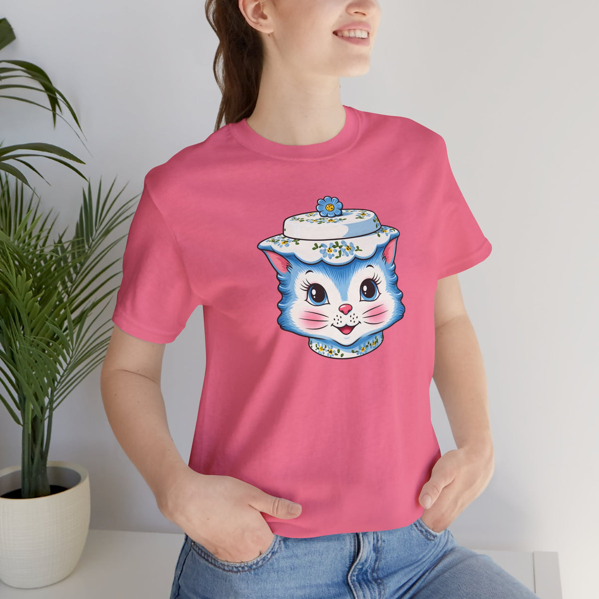 Mid Century Modern Kitschy Anthropomorphic Blue Cat with Floral Hat Unisex T-Shirt