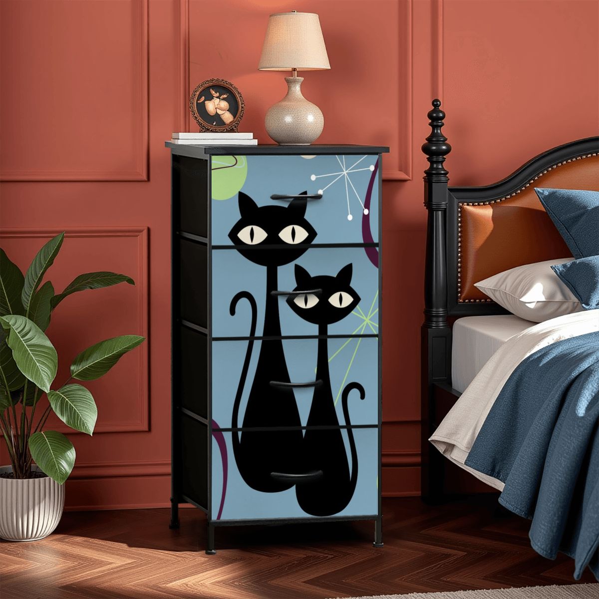 Atomic Cat Kitschy Fun Blue Boomerang Design Modern 4-Drawer Dresser - Mid Century Modern Gal