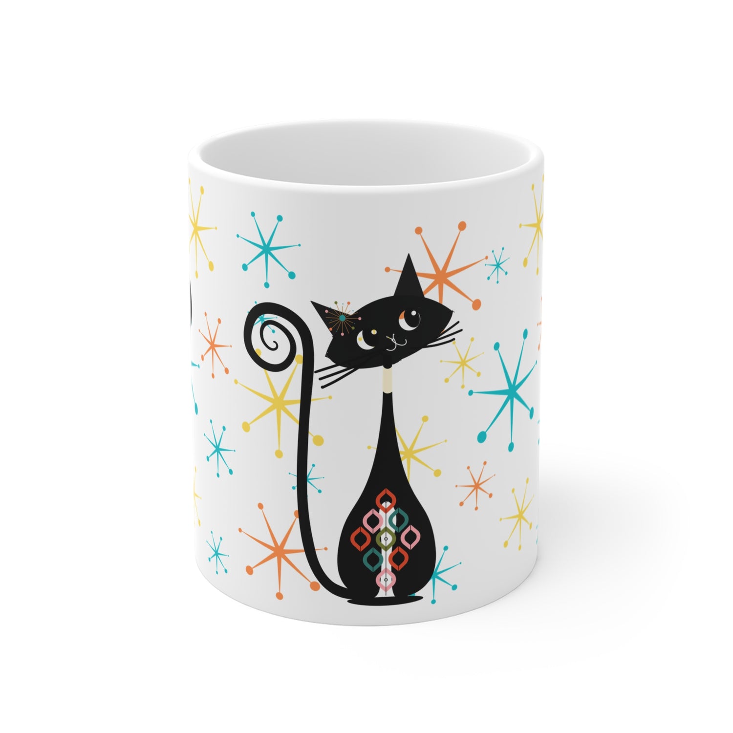 Atomic Cat Starbursts Mid Mod Cuppa Joe Whimsical Cat 11oz Mug - Colorful Retro Design for Cat Lovers - Mid Century Modern Gal