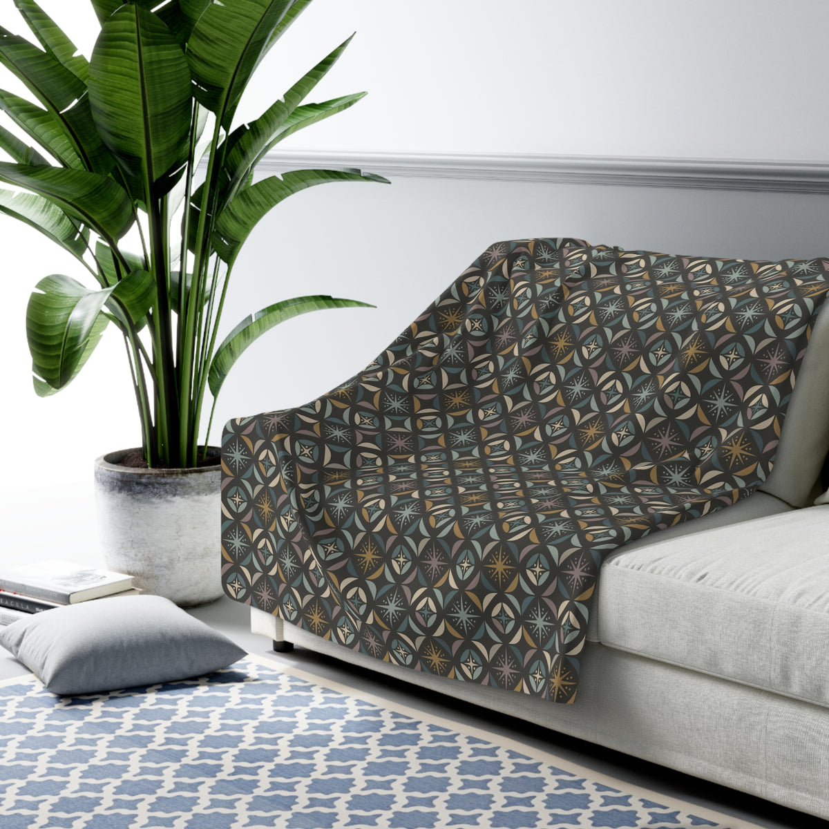 Mid Century Modern Elegant Gray Geometric Starburst Sherpa Fleece Blanket - Mid Century Modern Gal