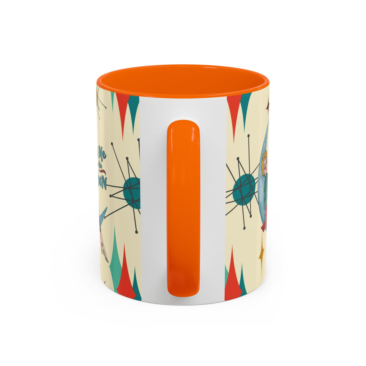 Mid Century Modern retro Christmas mug featuring 'Fly Me to the Moon' design with vibrant colors and vintage accents.