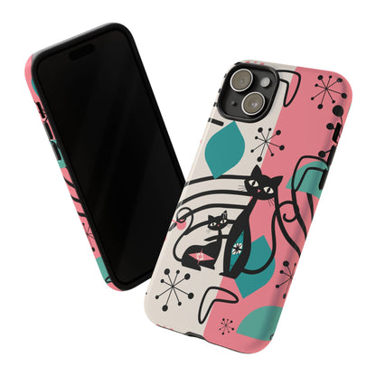 Mid Mod Atomic Cat Boomerang Starburst, Pink, Black Kitschy Stylish Cat Phone Case: Modern Design for Cat Lovers
