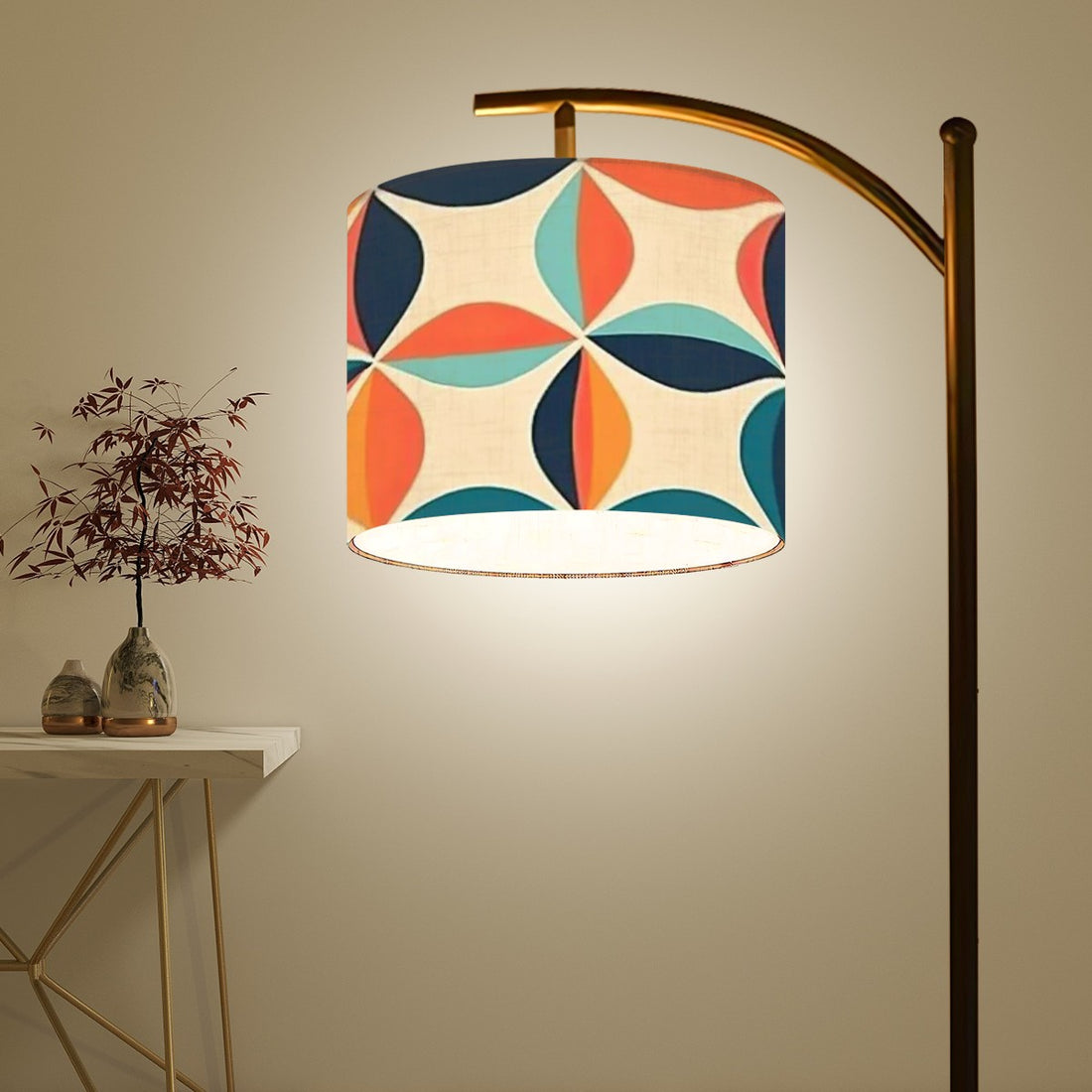 Mid Century Modern Arc Floor Lamp Scandinavian Blue, Orange, Teal 60s Geometric Pattern