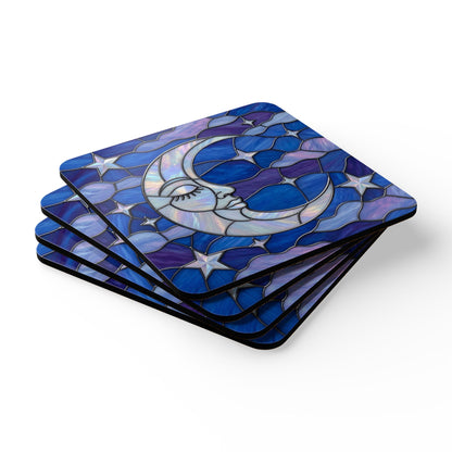 Halloween Stained Glass Style Night Sky Crescent Moon Stars Clouds Corkwood Coaster Set