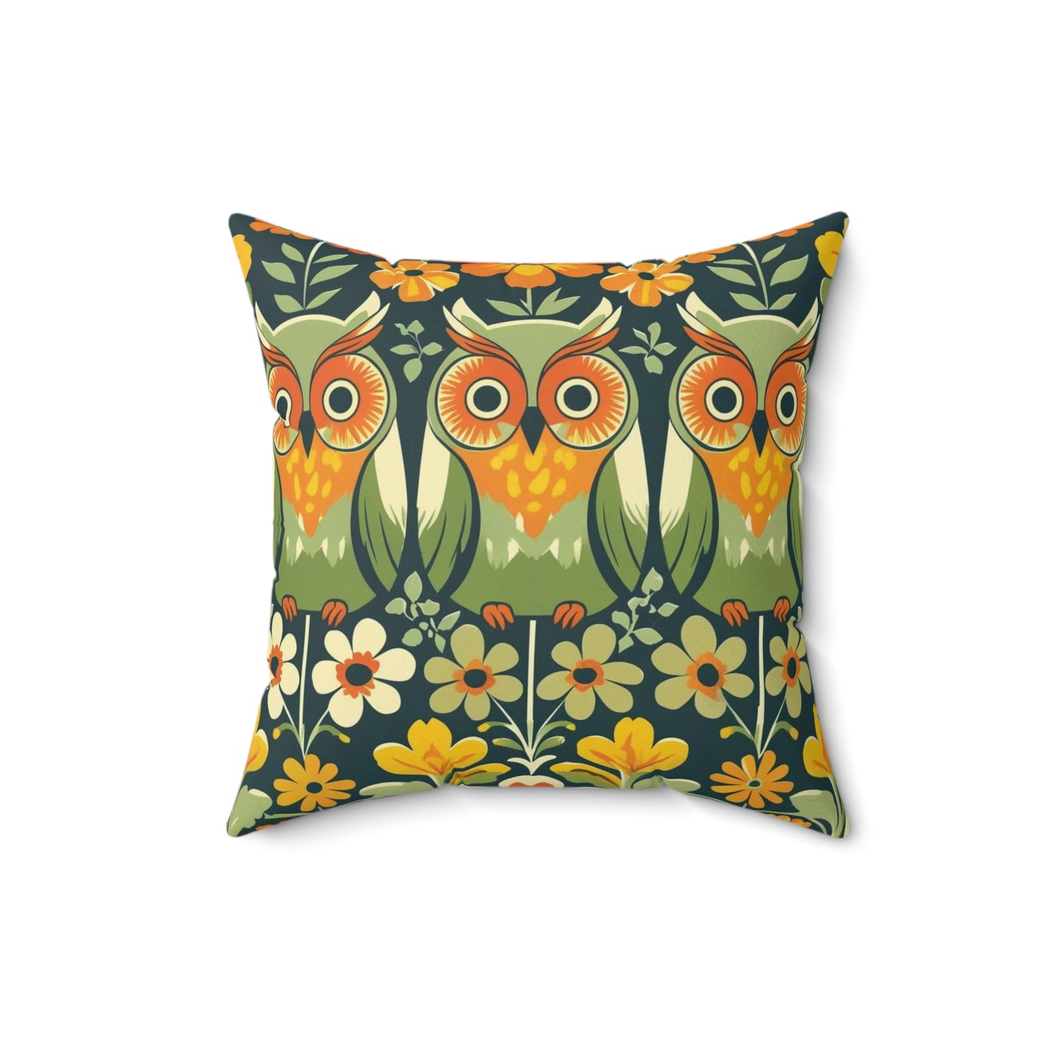 Retro Owl Flower Power Groovy 70s Floral Green, Orange Fall Pillow And Insert - Mid Century Modern Gal
