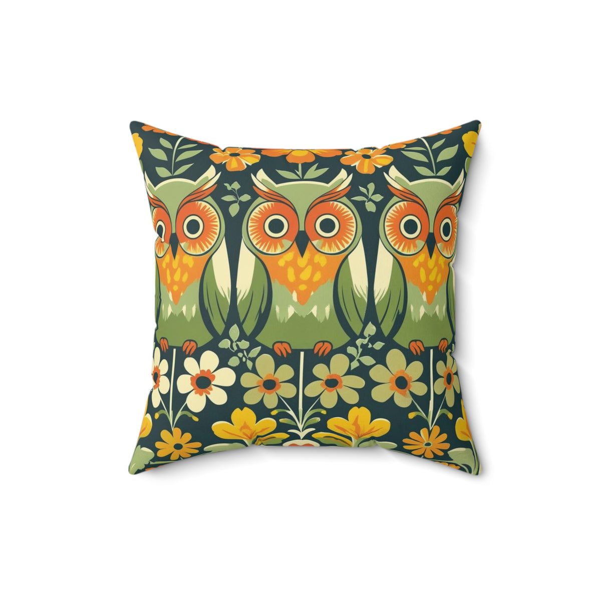 Retro Owl Flower Power Groovy 70s Floral Green, Orange Fall Pillow And Insert - Mid Century Modern Gal