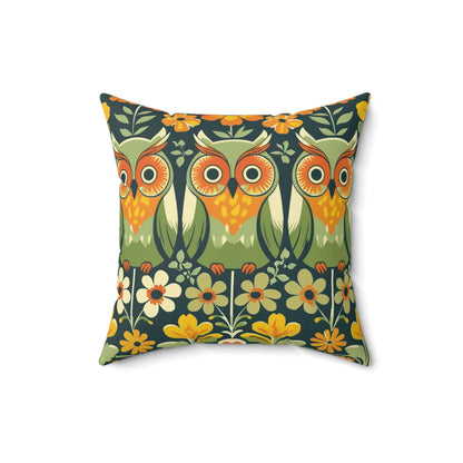 Retro Owl Flower Power Groovy 70s Floral Green, Orange Fall Pillow And Insert - Mid Century Modern Gal