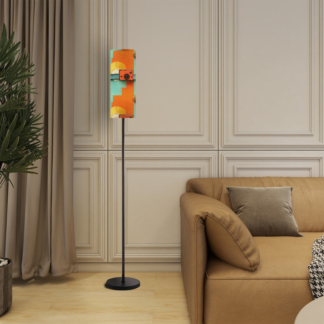 Retro Mod Orange, Teal, Vinyl Record Scene, Kitschy Mod Slim Floor Lamp - Mid Century Modern Gal