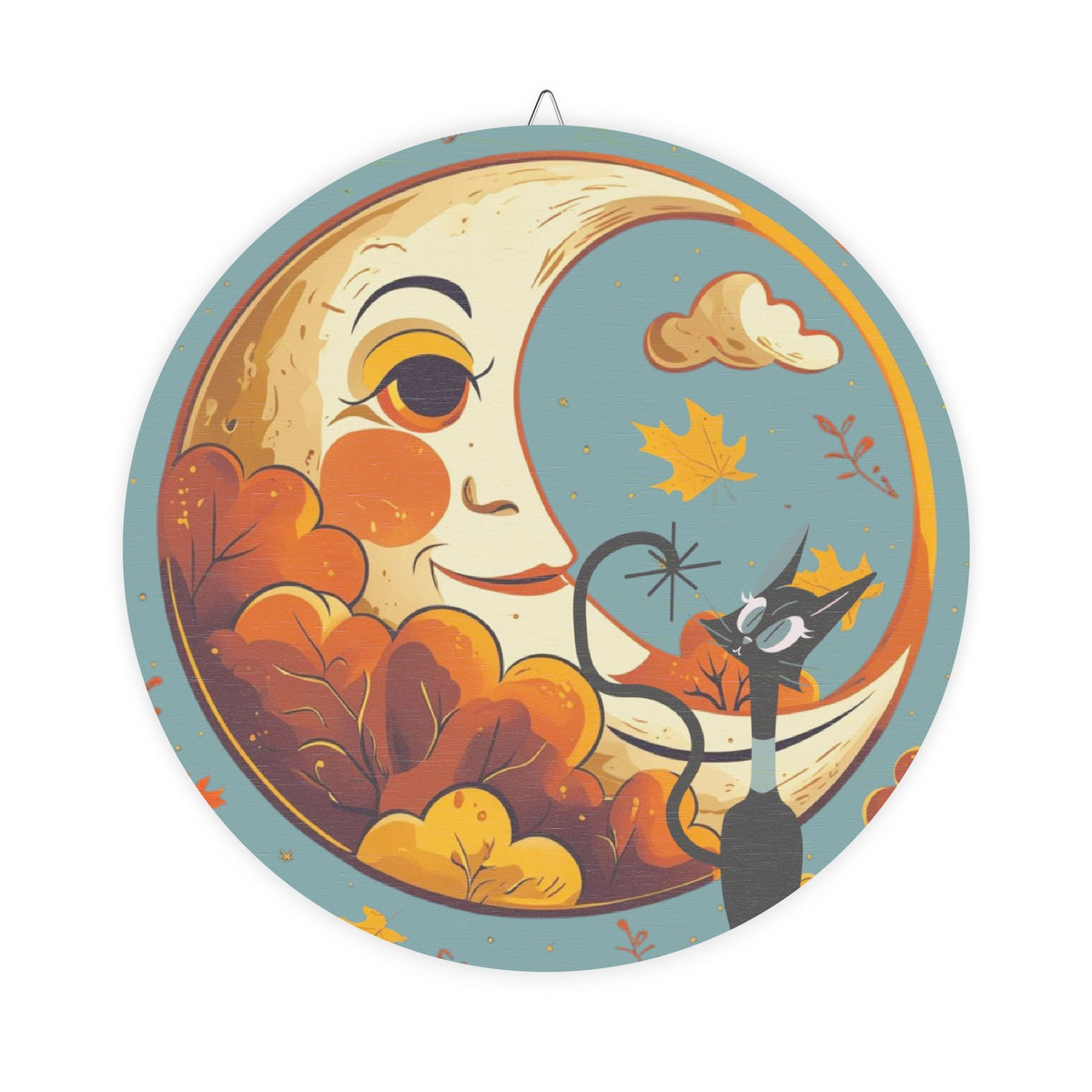 Harvest Half Moon, Kitschy Atomic Cat MCM Wood Sign Seasonal Decor - Mid Century Modern Gal