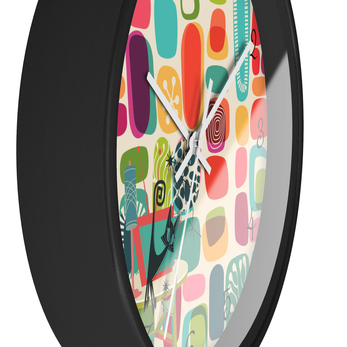 Mid Mod Amoeba Design With Kitschy Atomic Cat, Quirky Fun Retro Wall Clock - Mid Century Modern Gal