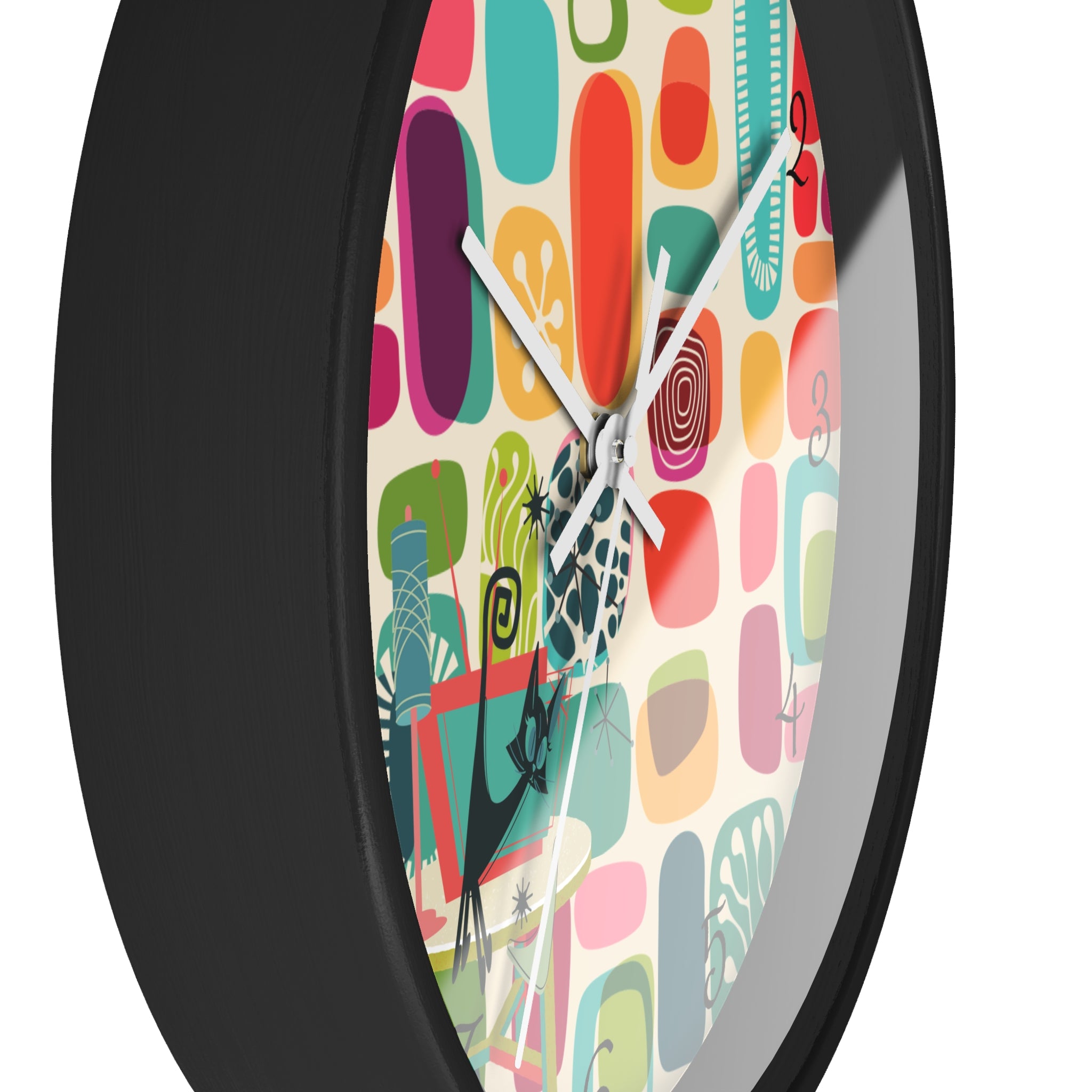 Mid Mod Amoeba Design With Kitschy Atomic Cat, Quirky Fun Retro Wall Clock