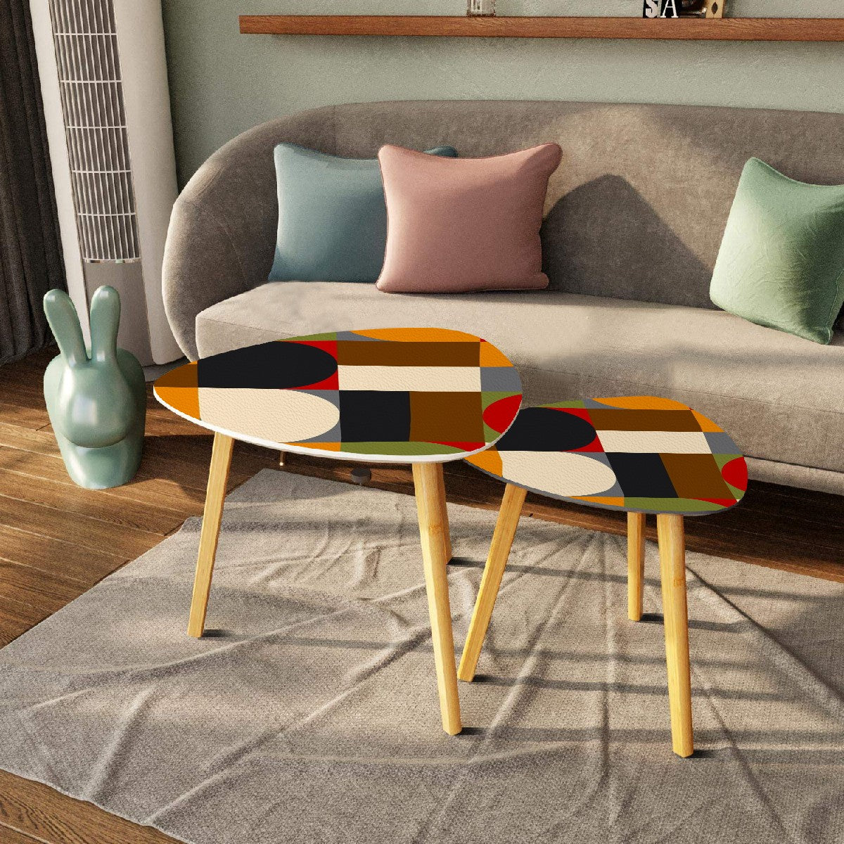 Mid Century Modern Nesting Tables In Geometric Mod Design, Black, Orange, Cream Green Mod  Coffee Table