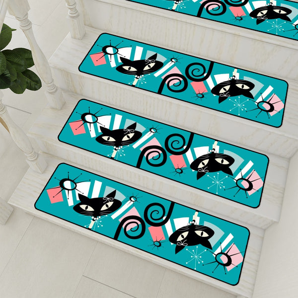 Atomic Cat Teal Coral Funky Quirky Kitschy Mod Non Slip Carpet for Stairs Treads