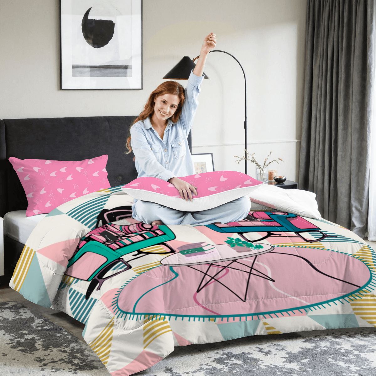 Kitschy Reading Cats Atomic Mid Century Modern King Comforter Set - Mid Century Modern Gal