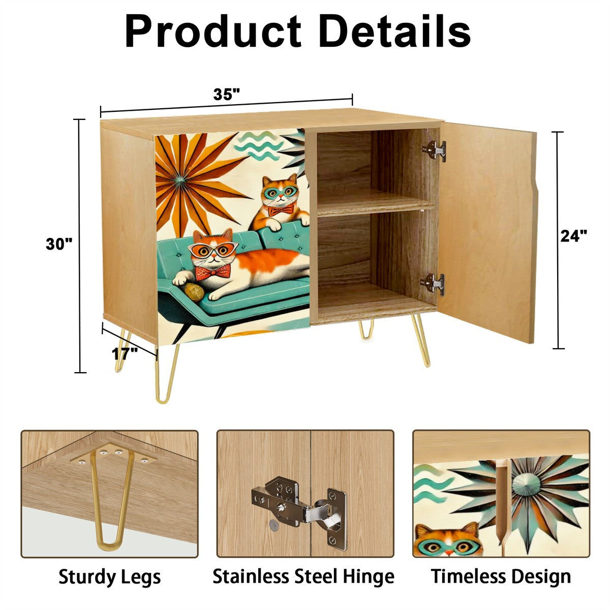 Mid Century Modern Wooden Storage Cabinet, Quirky Cats, Mod Furniture - Mid Century Modern Gal