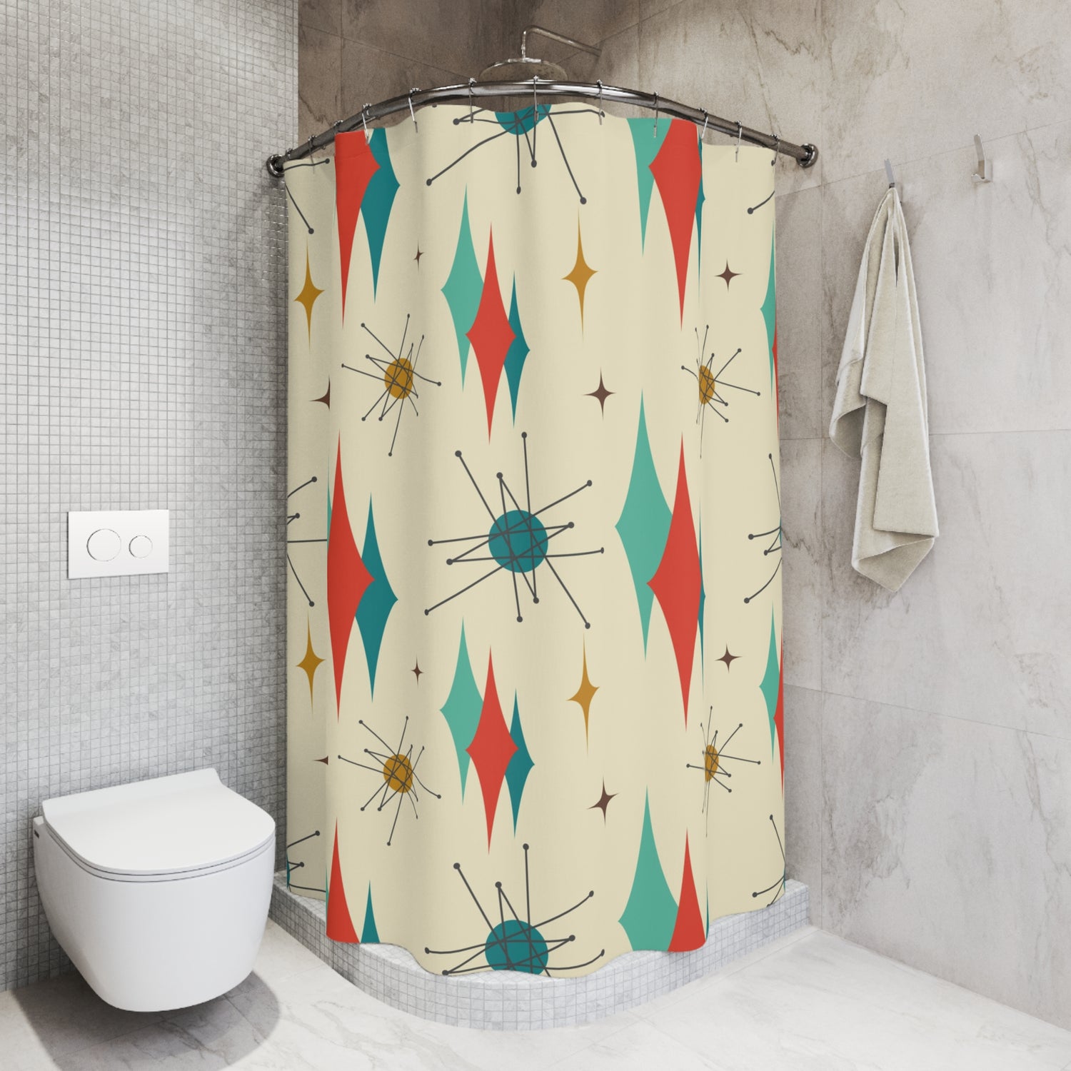 Atomic Franciscan Starburst Retro Shower Curtain - Mid-Century Modern Design for Stylish Bathrooms - Mid Century Modern Gal