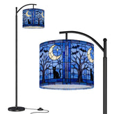 Halloween Stained Glass Style Night Sky Black Cat Arc Floor Lamp - Mid Century Modern Gal