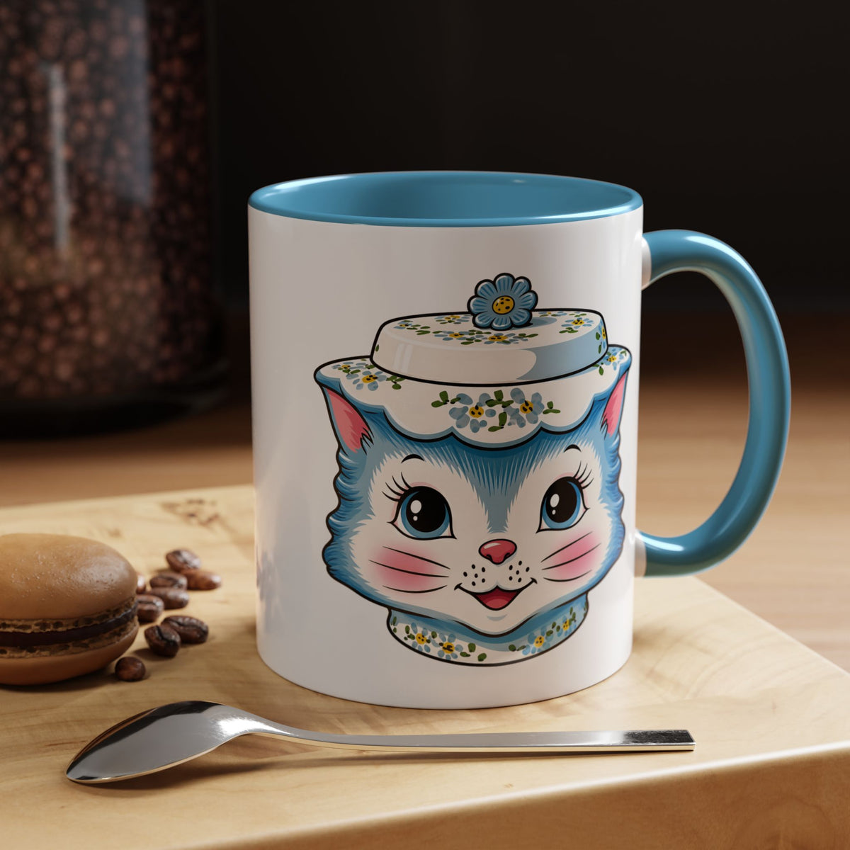 Mid Century Modern Kitschy Anthropomorphic Blue Cat with Floral Hat Accent Coffee Mug - Mid Century Modern Gal