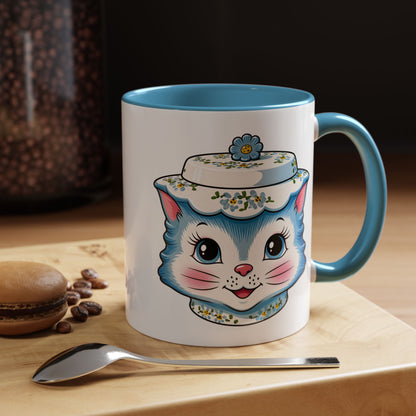 Mid Century Modern Kitschy Anthropomorphic Blue Cat with Floral Hat Accent Coffee Mug - Mid Century Modern Gal
