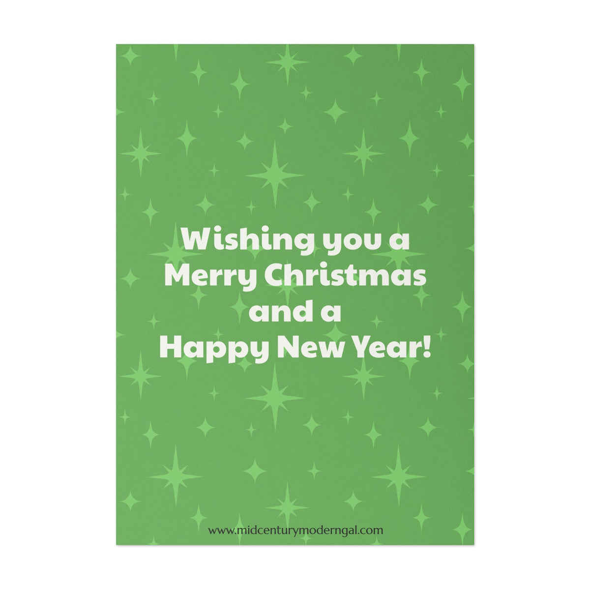 Mid Century Modern Gal Decorating Christmas Tree, Green Atomic Starbursts Flat Postcard Style Christmas Greeting Cards