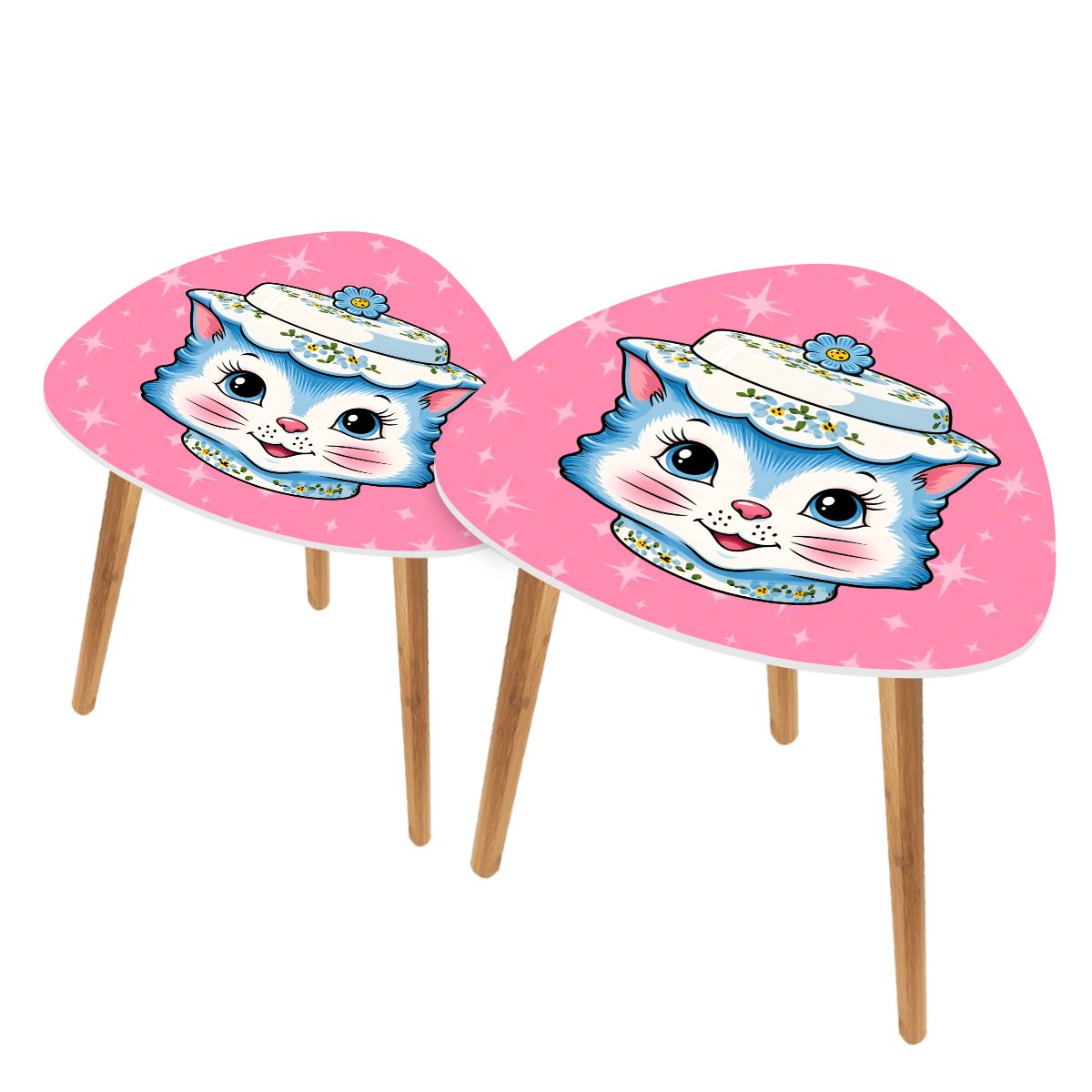 Mid Century Modern Kitschy Anthropomorphic Blue Cat with Floral Hat Nesting Tables
