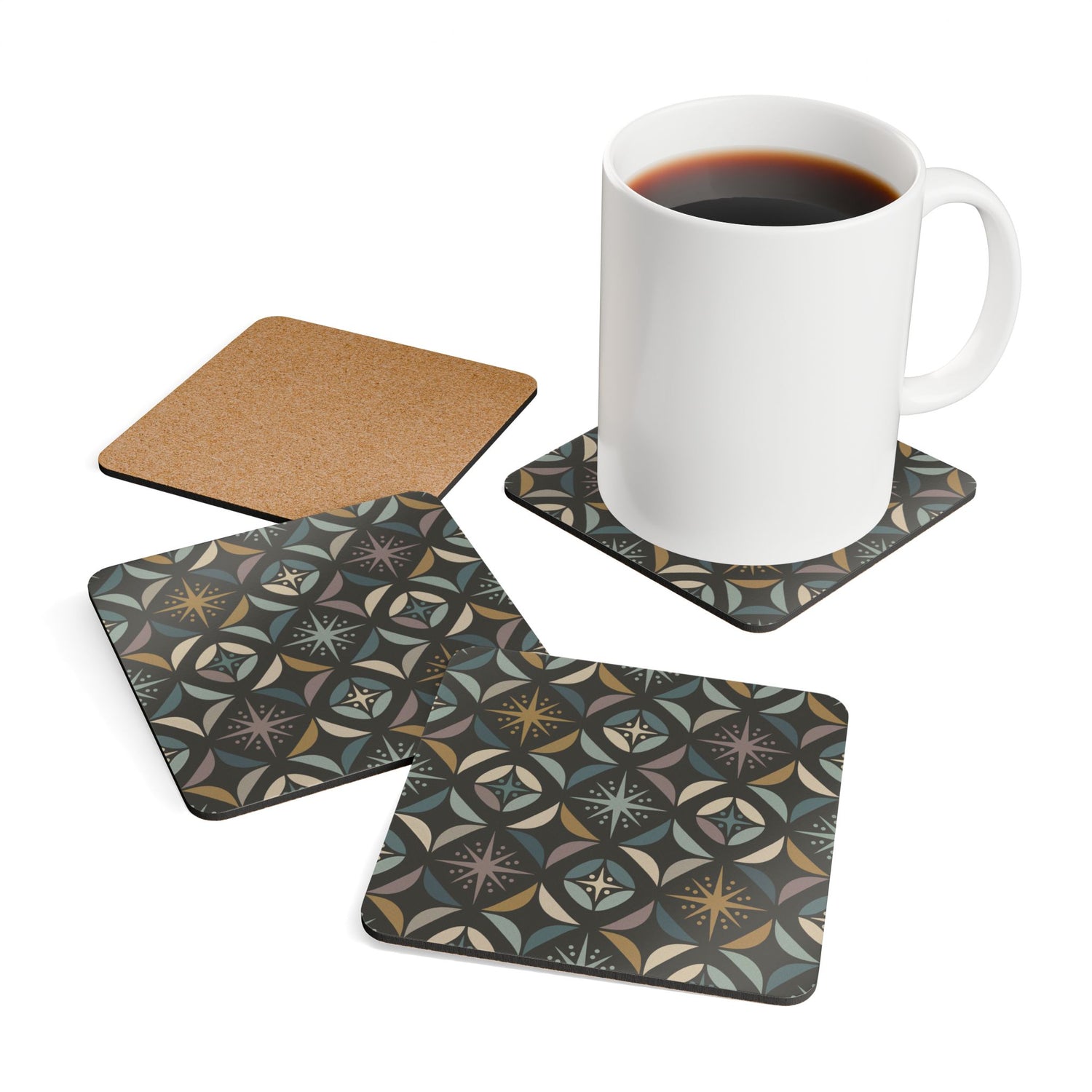 Mid Century Modern Elegant Gray Geometric Starburst Corkwood Coaster Set - Mid Century Modern Gal