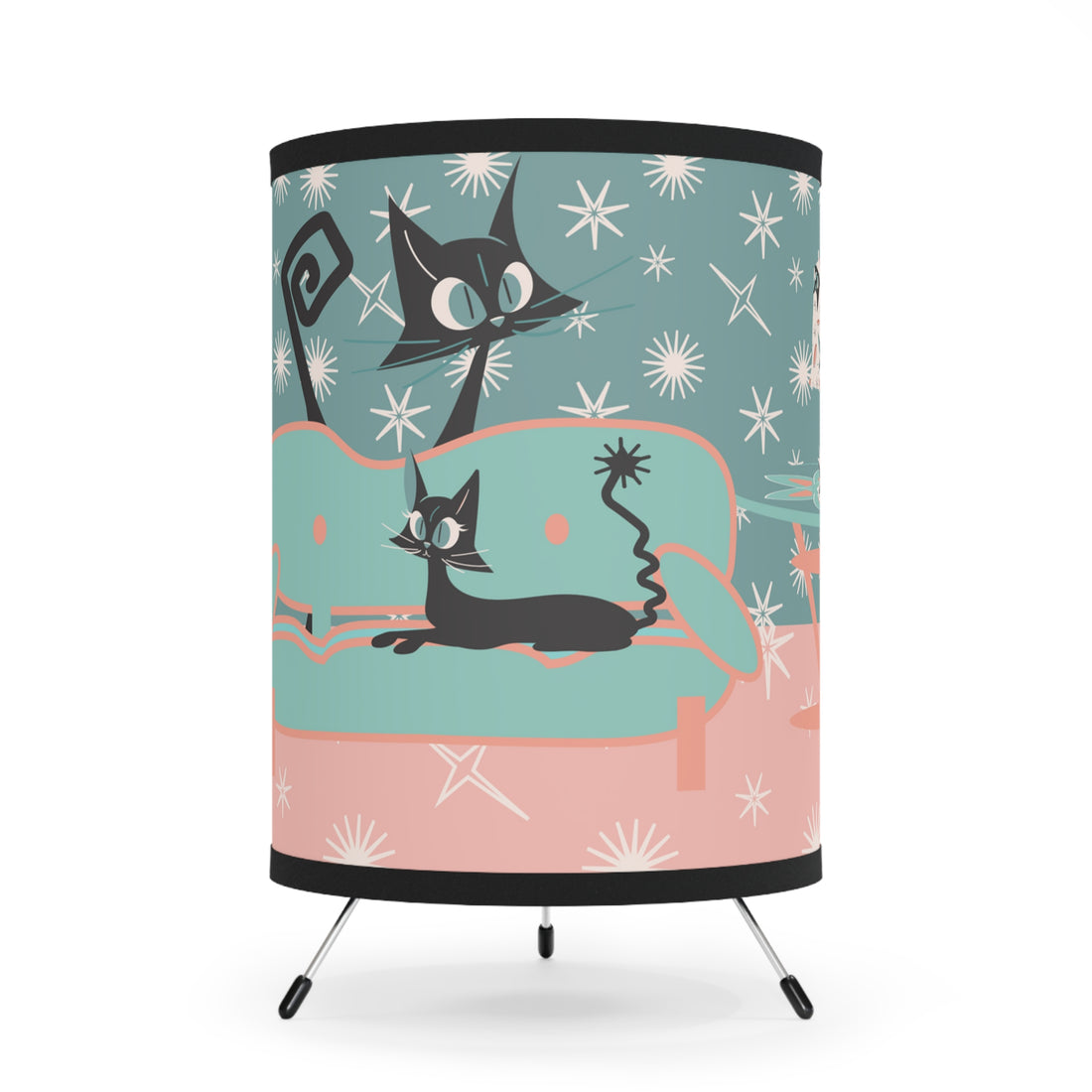 Atomic Cat Tripod Lamp, Pink, Aqua Starbursts, Mid Century Modern Kitschy Cats, Fun Side Table Lamp