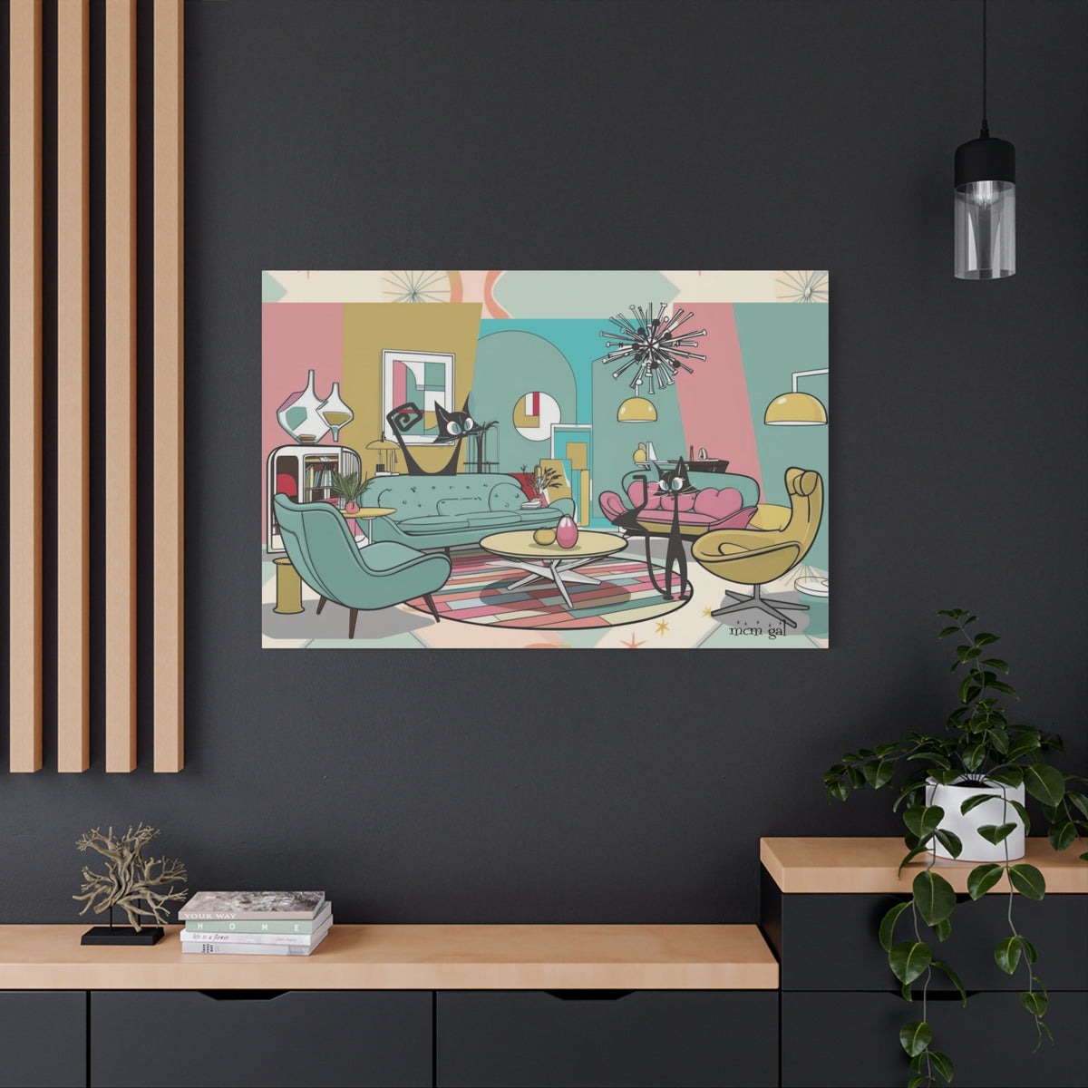 Mid-Century Modern Atomic Cat Kitschy Mod Living Room, Aqua, Pink, Starburst Original Art By MCM GAL - Mid Century Modern Gal
